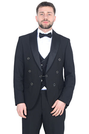 Cengiz İnler Kruvaze Saten Şal Yaka Yelekli Damatlık