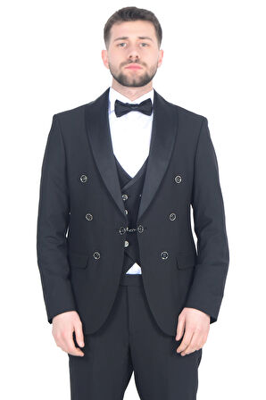 Cengiz İnler Kruvaze Saten Şal Yaka Yelekli Damatlık