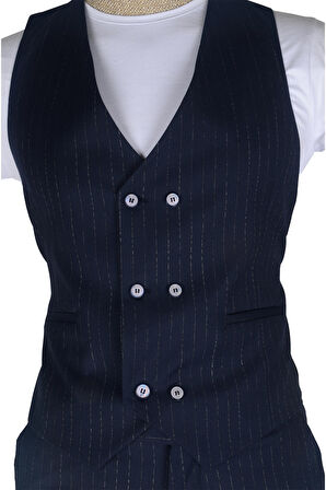 Cengiz İnler İnce Çizgili Yelekli  Erkek Takım Elbise