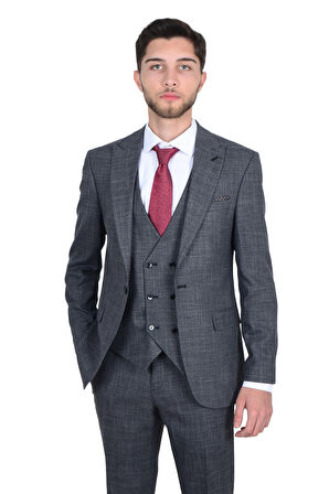 Cengiz İnler Sivri Yaka Çift Taraflı Yelekli Erkek Takım Elbise