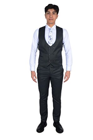 Cengiz İnler Armür Desen Kırlangıç Yaka Kruvaze Yelekli Erkek Takım Elbise