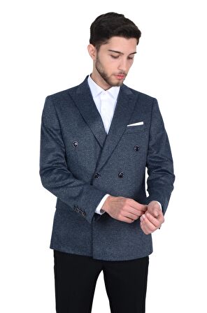 Cengiz İnler Kırlangıç Yaka Verev Desenli  Erkek Kruvaze Ceket
