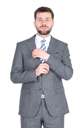 Cengiz İnler Ekose Desen Yelekli Erkek Takım Elbise 