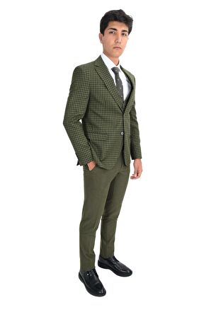 Ekose Desen Kombinli Yelekli Takım Elbise