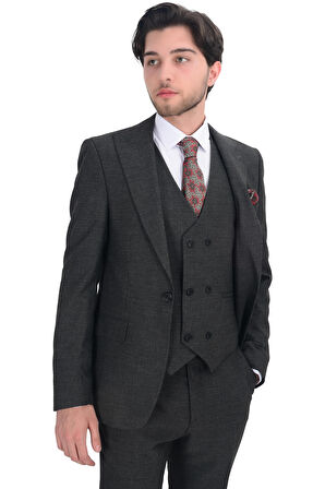 Cengiz İnler Sivri Yaka Çift Taraflı Yelekli Takım Elbise