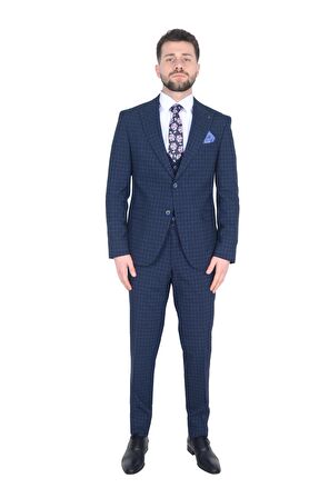 15347-Kareli Kombinli Yelekli Takım