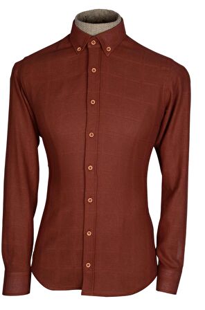 Cengiz İnler Yaka Düğmeli Kare Desen Erkek Slimfit Gömlek