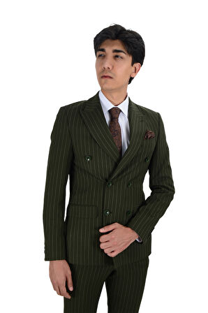 Cengiz İnler Dik Nokta Çizgili Kruvaze Slim Fit Erkek Takım Elbise