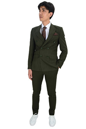 Cengiz İnler Dik Nokta Çizgili Kruvaze Slim Fit Erkek Takım Elbise