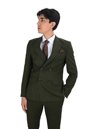 Cengiz İnler Dik Nokta Çizgili Kruvaze Slim Fit Erkek Takım Elbise