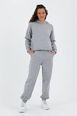 Kadın Beli Ve Paçası Lastikli Üç İplik Polarlı Oversize Eşofman Takımı