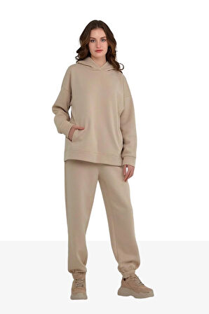 Kadın Beli Ve Paçası Lastikli Üç İplik Polarlı Oversize Eşofman Takımı