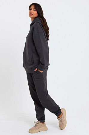 Kadın Beli Ve Paçası Lastikli Üç İplik Polarlı Oversize Eşofman Takımı