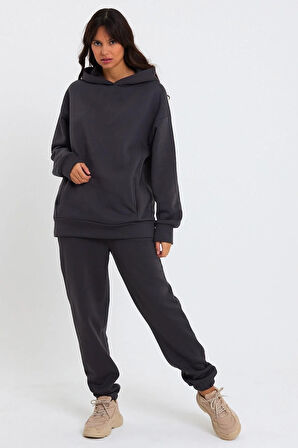 Kadın Beli Ve Paçası Lastikli Üç İplik Polarlı Oversize Eşofman Takımı