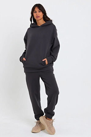 Kadın Beli Ve Paçası Lastikli Üç İplik Polarlı Oversize Eşofman Takımı