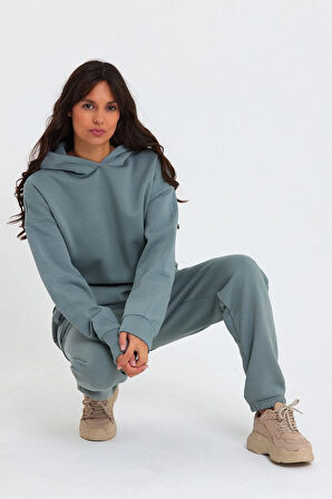 Kadın Beli Ve Paçası Lastikli Üç İplik Polarlı Oversize Eşofman Takımı