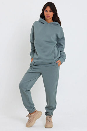 Kadın Beli Ve Paçası Lastikli Üç İplik Polarlı Oversize Eşofman Takımı