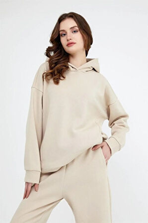 Kadın Beli Ve Paçası Lastikli Üç İplik Polarlı Oversize Eşofman Takımı