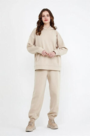 Kadın Beli Ve Paçası Lastikli Üç İplik Polarlı Oversize Eşofman Takımı