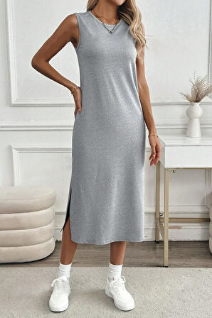 Kadın Yırtmaçlı Pamuk Penye 125 Cm Günlük Elbise