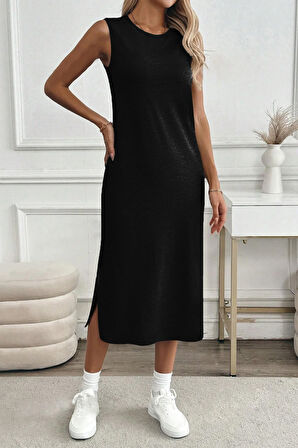 Kadın Yırtmaçlı Pamuk Penye 125 Cm Günlük Elbise