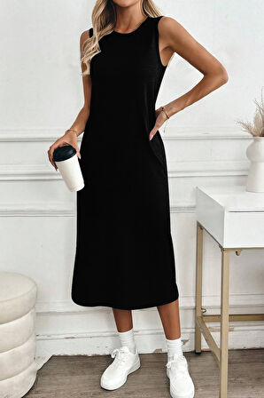 Kadın Yırtmaçlı Pamuk Penye 125 Cm Günlük Elbise