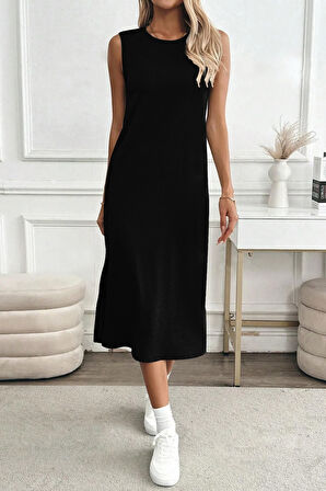 Kadın Yırtmaçlı Pamuk Penye 125 Cm Günlük Elbise