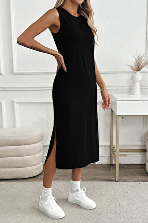 Kadın Yırtmaçlı Pamuk Penye 125 Cm Günlük Elbise