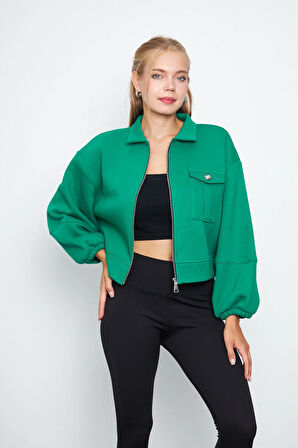 Kadın 3 İplik İçi Polarlı Balon Kol Cepli Fermuarlı Gömlek Yaka Ceket