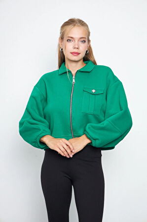 Kadın 3 İplik İçi Polarlı Balon Kol Cepli Fermuarlı Gömlek Yaka Ceket