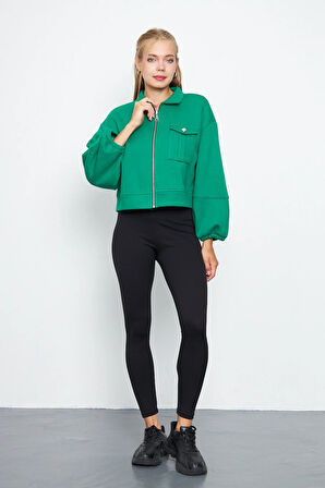 Kadın 3 İplik İçi Polarlı Balon Kol Cepli Fermuarlı Gömlek Yaka Ceket