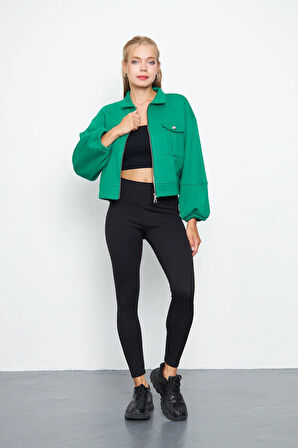 Kadın 3 İplik İçi Polarlı Balon Kol Cepli Fermuarlı Gömlek Yaka Ceket