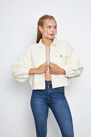 Kadın 3 İplik İçi Polarlı Balon Kol Cepli Fermuarlı Gömlek Yaka Ceket