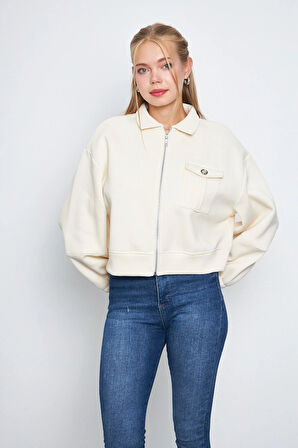 Kadın 3 İplik İçi Polarlı Balon Kol Cepli Fermuarlı Gömlek Yaka Ceket