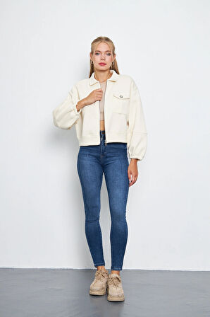 Kadın 3 İplik İçi Polarlı Balon Kol Cepli Fermuarlı Gömlek Yaka Ceket