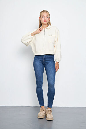 Kadın 3 İplik İçi Polarlı Balon Kol Cepli Fermuarlı Gömlek Yaka Ceket