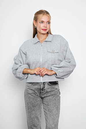 Kadın 3 İplik İçi Polarlı Balon Kol Cepli Fermuarlı Gömlek Yaka Ceket