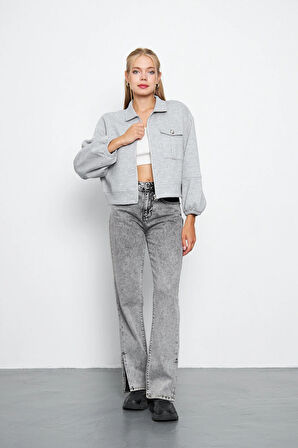 Kadın 3 İplik İçi Polarlı Balon Kol Cepli Fermuarlı Gömlek Yaka Ceket