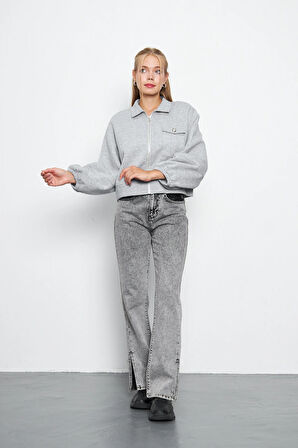 Kadın 3 İplik İçi Polarlı Balon Kol Cepli Fermuarlı Gömlek Yaka Ceket