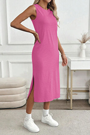 Kadın Yırtmaçlı Pamuk Penye 125 Cm Günlük Elbise