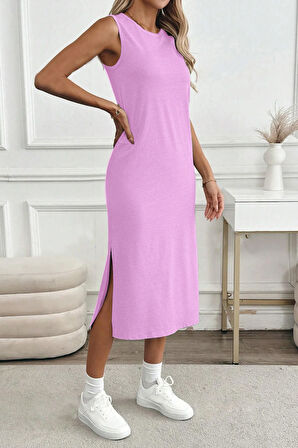 Kadın Yırtmaçlı Pamuk Penye 125 Cm Günlük Elbise