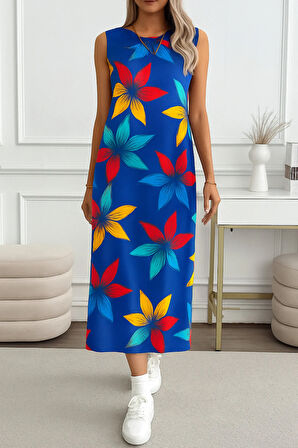 Kadın Yırtmaçlı Pamuk Penye Çiçekli 125 Cm Günlük Elbise