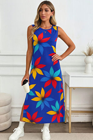 Kadın Yırtmaçlı Pamuk Penye Çiçekli 125 Cm Günlük Elbise