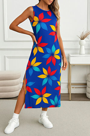 Kadın Yırtmaçlı Pamuk Penye Çiçekli 125 Cm Günlük Elbise