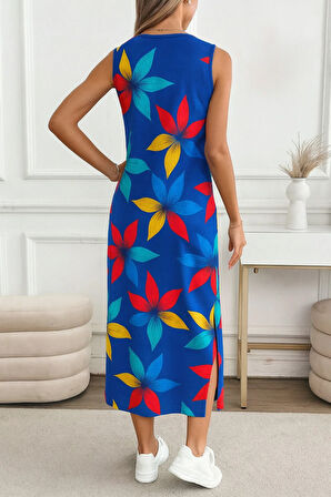 Kadın Yırtmaçlı Pamuk Penye Çiçekli 125 Cm Günlük Elbise