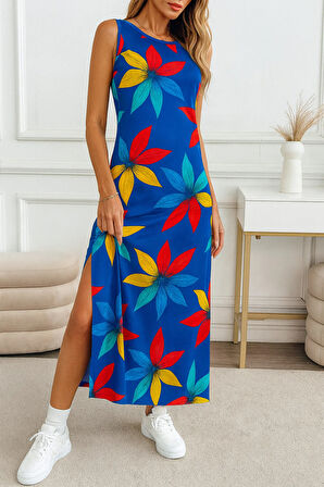 Kadın Yırtmaçlı Pamuk Penye Çiçekli 125 Cm Günlük Elbise