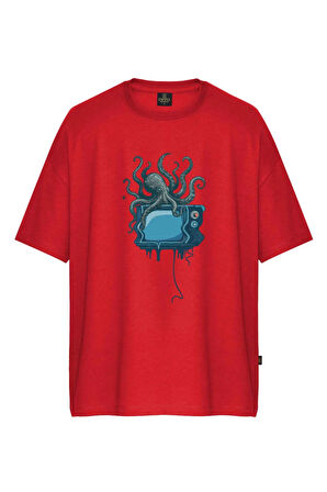 Unisex Octopus Tv Baskılı Oversize Tişört