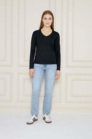 Kadın V Yaka Uzun Kol Basic Tişört