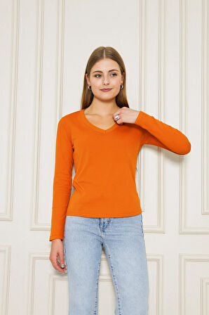 Kadın V Yaka Uzun Kol Basic Tişört