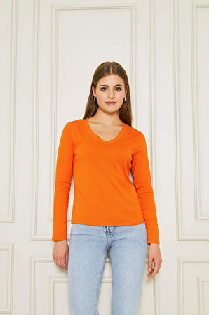 Kadın V Yaka Uzun Kol Basic Tişört